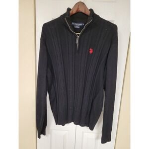 US Polo Assn Black 1/4 Zip Cable Knit Sweater Men's Sz L 100% Ctn Fleece‎ Collar
